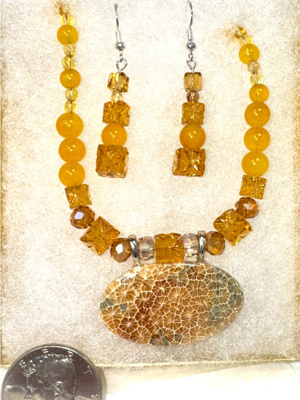 Citrine and vintage beads Necklace with a perfect Fossil Coral Pendant!